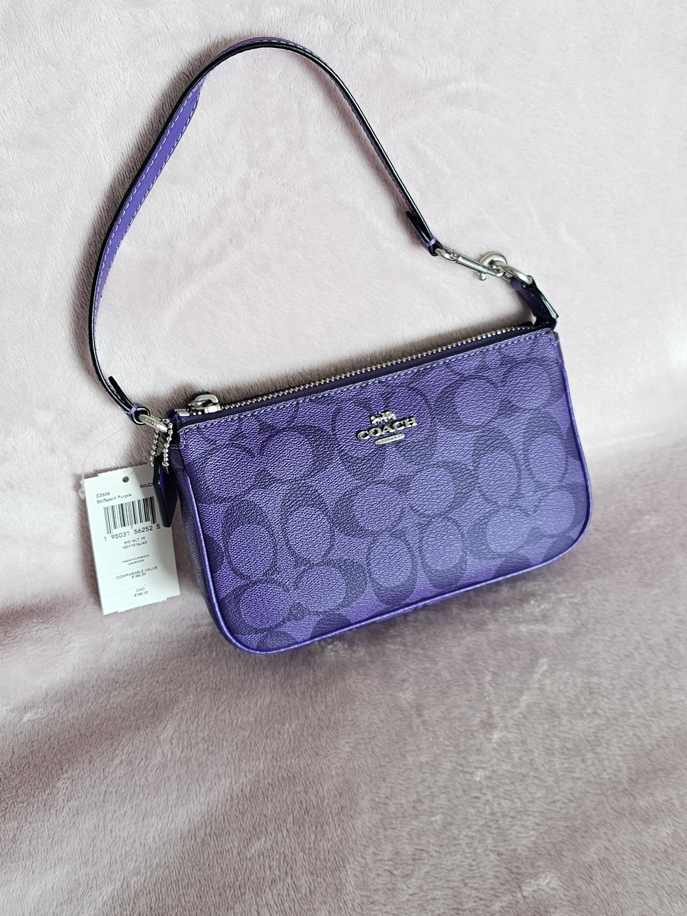 Coach Purple Signature Mini Wristlet with Silver Hardware